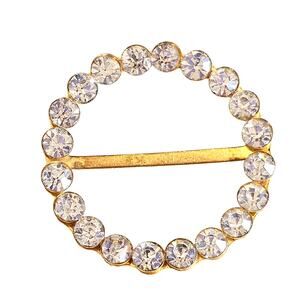 Vintage Rhinestone Scarf Clip Gold Tone Round Circle Clear Stones 1.4" Diameter